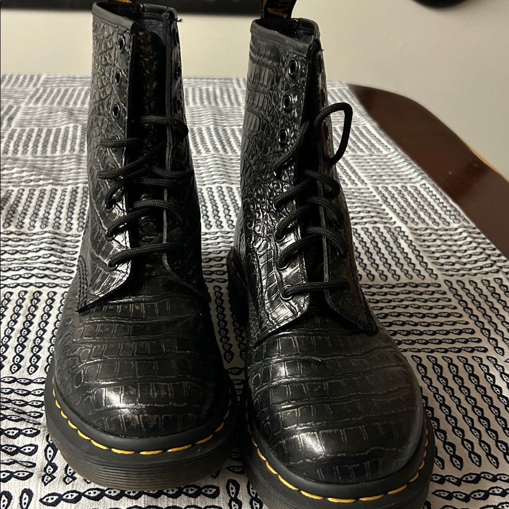 Dr. Martens Black Croc-Embossed Lace-Up Women's Boots - Picture 2 of 7